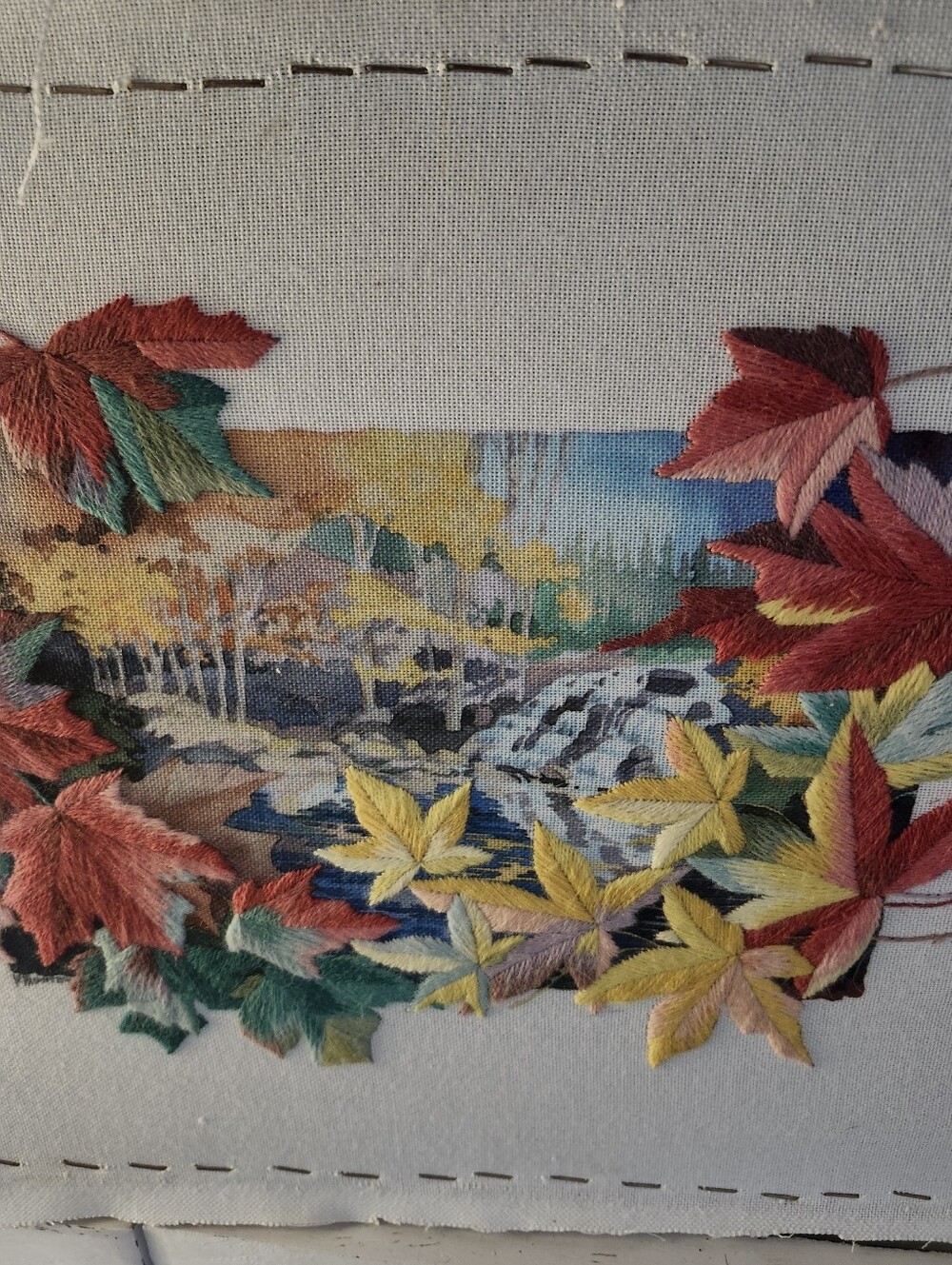 Autumn Woods Waterfall Leaves Embroidered Wall Art - Paul Brent